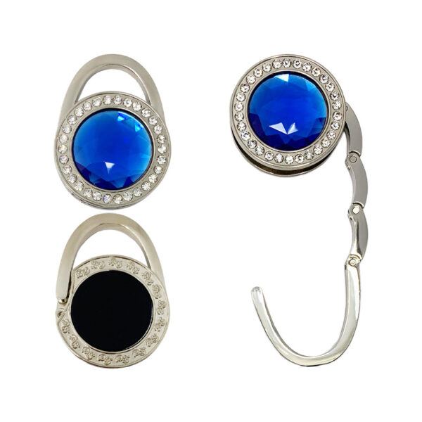 small metal purse hanger round shape with blue rhinestone