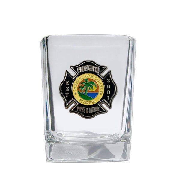 custom shot glass with metal emblem