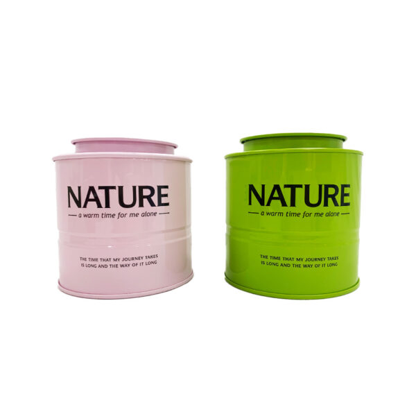 pink and green tea tin box custom shape silk screen printing