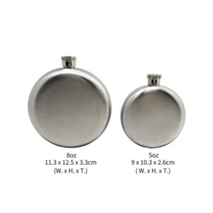 round hip flask in different sizes: 5oz and 8oz