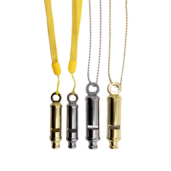 security whistle made from stainless steel and brass with lanyard and ball chain