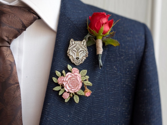 A man wearing lapel pins with different shapes.