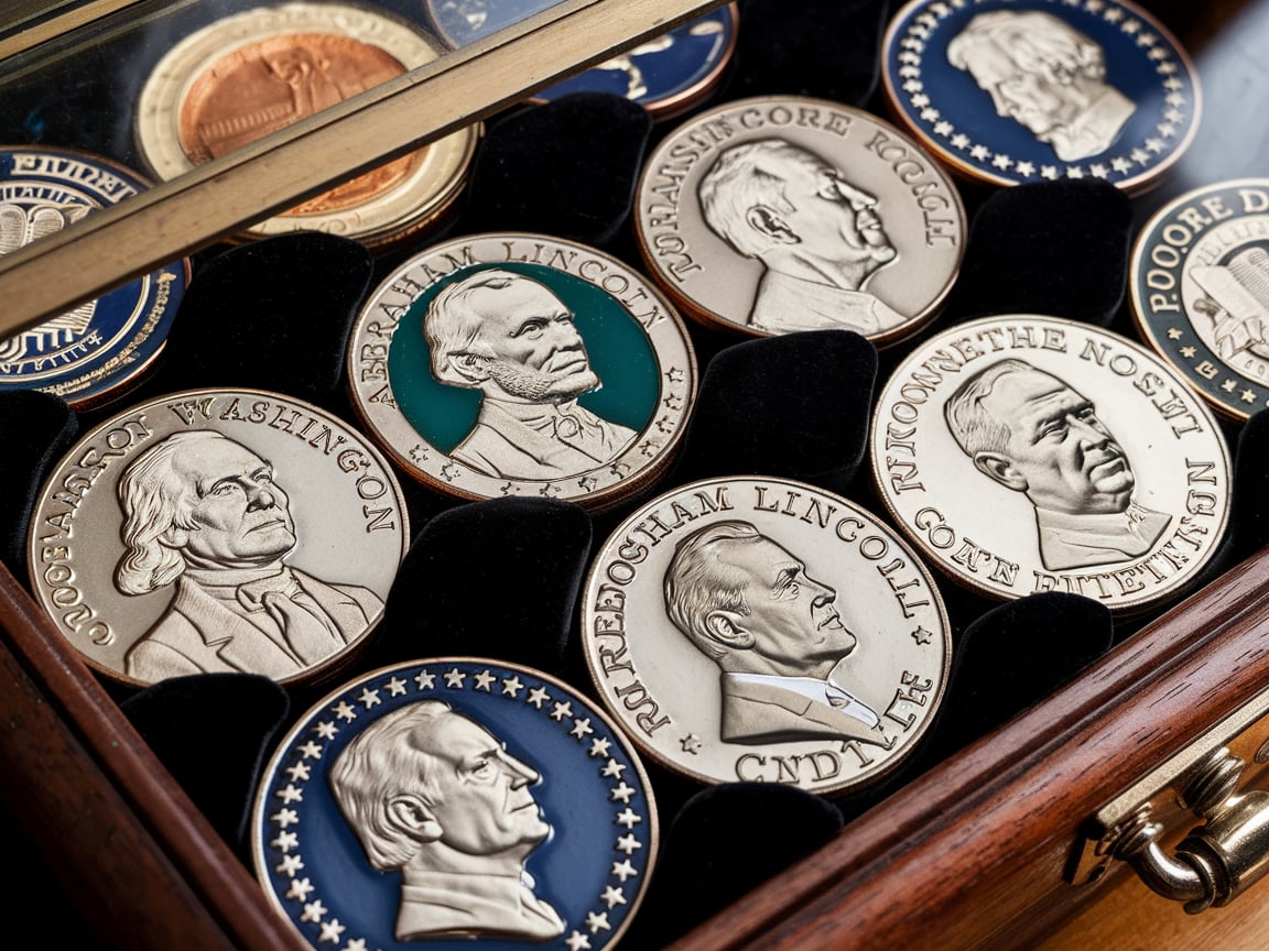 A collection of presidential coins arranged in a display case, emphasizing their intricate details and collectible value.