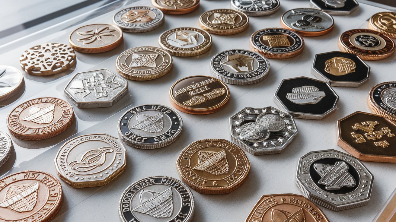 A collection of challenge coins in various shapes (round, square, octagonal) and metallic finishes (gold, silver, bronze) with unique edges and engravings.