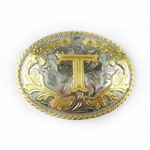 Two tone gold silver Western Belt Buckles with letter T