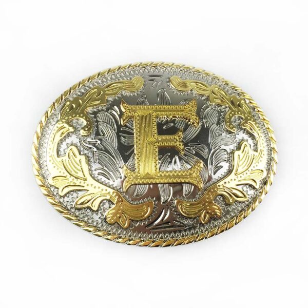 Two tone gold silver Western Belt Buckles with letter E
