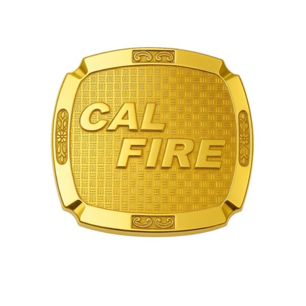 Gold plated firefighter belt buckle with raised CAL FIRE lettering
