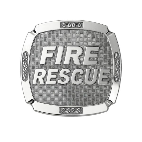 FIRE RESCUE firefighter belt buckle in nickel finish with bold lettering