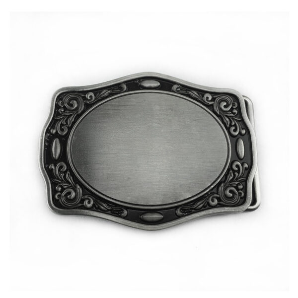 zinc alloy belt buckle features an elegant scroll frame design with a recessed center