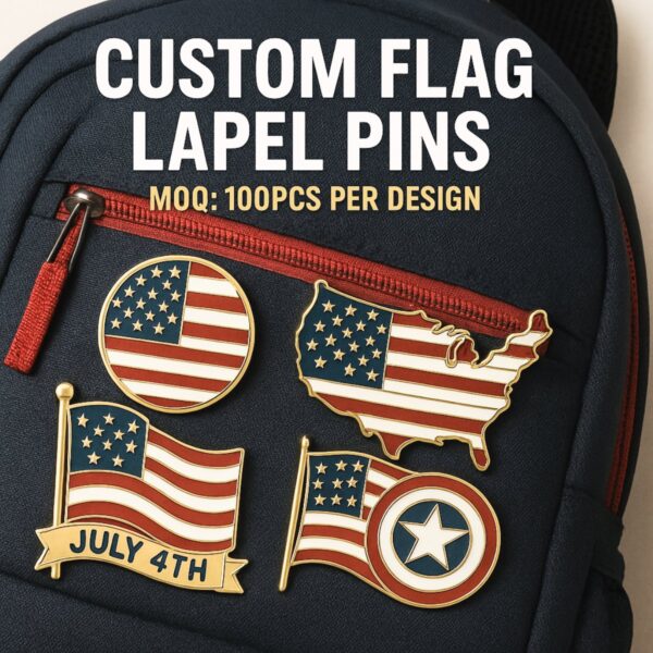 Close-up of custom United States flag lapel pins attached to backpack